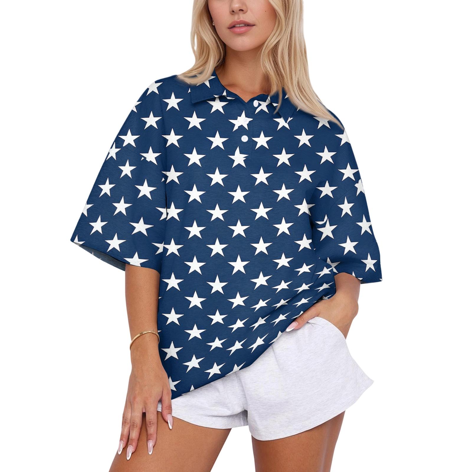 

Women’s Casual Loose Fit Polo Collar Top with 1776 Print Short Sleeve Comfortable Pullover Blouse for Everyday Wear XXL тёмно-синий