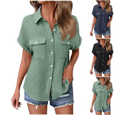 Women Summer Casual Short Sleeve Lapel Button Pocket Fashion Color Shirt Top