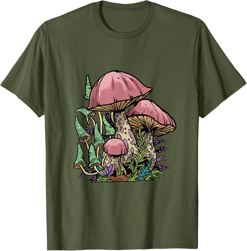 Psychedelic Cottagecore Mushroom Print Graphic Tee Soft Casual T-Shirt for Men Trip
