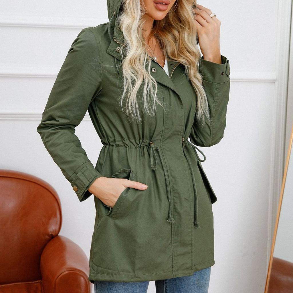 Damen Trenchcoat aus Baumwolle mit Kapuze und lockerem Schnitt, Frühlings- und Herbstmantel