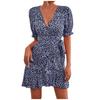 Women's Spring Summer Sexy V-Neck Floral Lace-Up Dress Casual Short Skirt