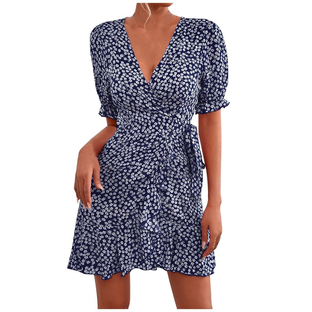 Women's Spring Summer Sexy V-Neck Floral Lace-Up Dress Casual Short Skirt