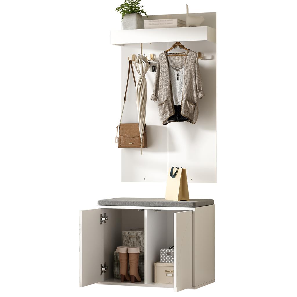 Coat Rack Set 3-in-1 Set – Clothes Rack with Integrated 4 Hooks, Shoe Cabinet with Two Doors and Shoe Bench. White,60×35×(45+100)cm