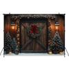 Mocsicka Photography Background Christmas Decor Photo Backdrop Green Xmas Tree Vintage Wooden House Door Pattern Shooting Banner