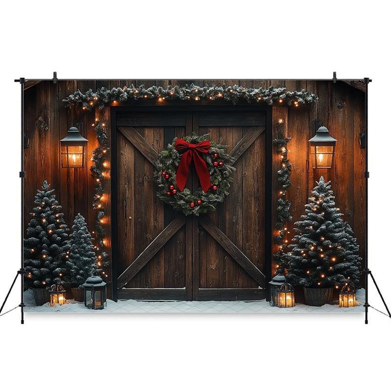 Mocsicka Photography Background Christmas Decor Photo Backdrop Green Xmas Tree Vintage Wooden House Door Pattern Shooting Banner