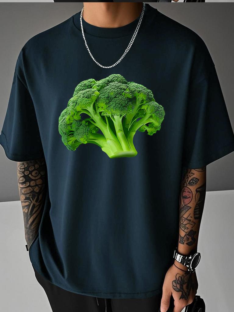 Unisex Summer White Short Sleeve Tee Realistic Fresh Green Broccoli Vegetable Graphic Crew Neck Loose Casual Male Daily Tops
