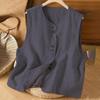 Women's Light Gray Linen Vest Round Neck Asymmetric Button Down Sleeveless Casual Waistcoat •
