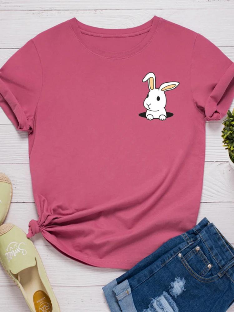 Pocket Bunny Print Women T Shirt Short Sleeve O Neck Loose Women Tshirt Ladies Tee Shirt Tops Clothes Camisetas Mujer