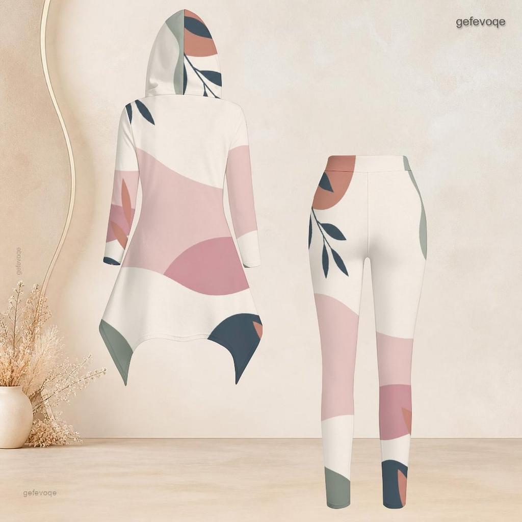 Women Plus Size Abstract Printed Two Piece Set Hooded Long Sleeve High Low Top Fitted Pants
