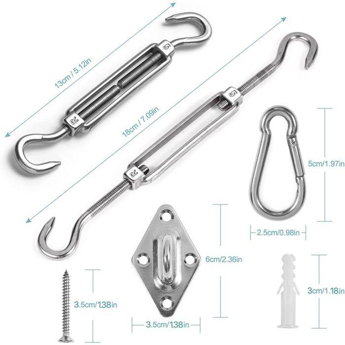 Kit de fixation pour voile d'ombrage en acier inoxydable AIMOONSA - 4 supports, 2 mousquetons, vis de tension