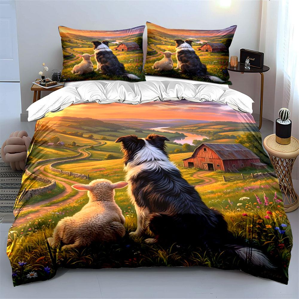 Dog and Lamb On Countryside Bedding Duvet Cover Set  (1*Duvet Cover 2*Pillowcases, Without Duvet Insert)