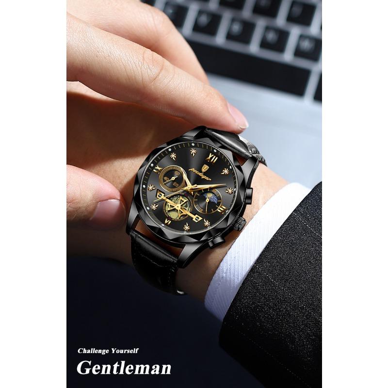 POEDAGAR Luxus-Armbanduhr für Herren Sport Leder Quarz-Uhr Wasserdicht Leuchtend Chronograph Uhren Männliche Uhr Reloj+Box