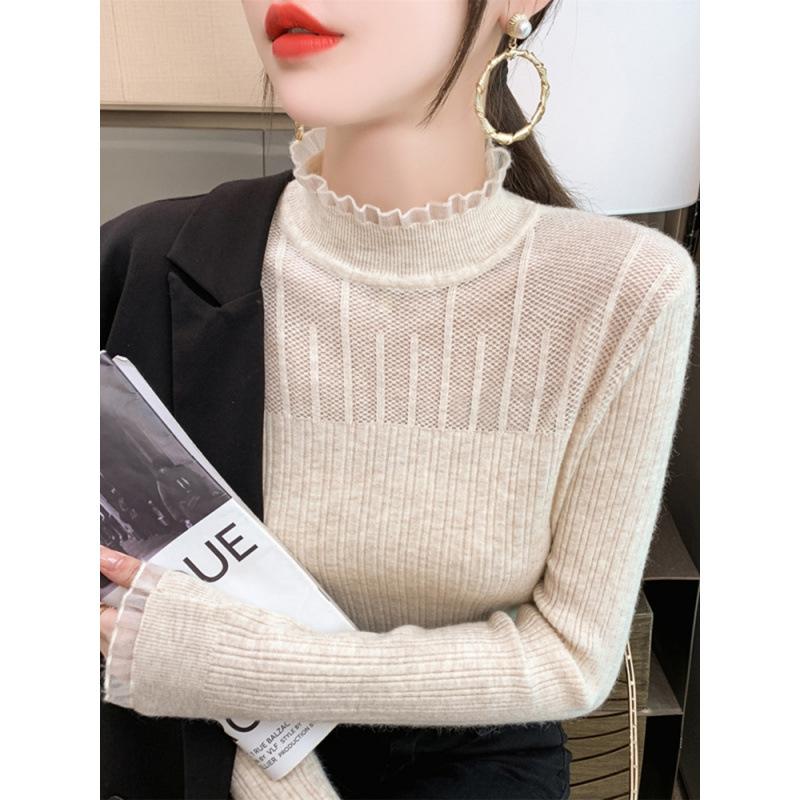 Semi-turtleneck lace bottoming shirt women's spring and autumn new knitted sweater top