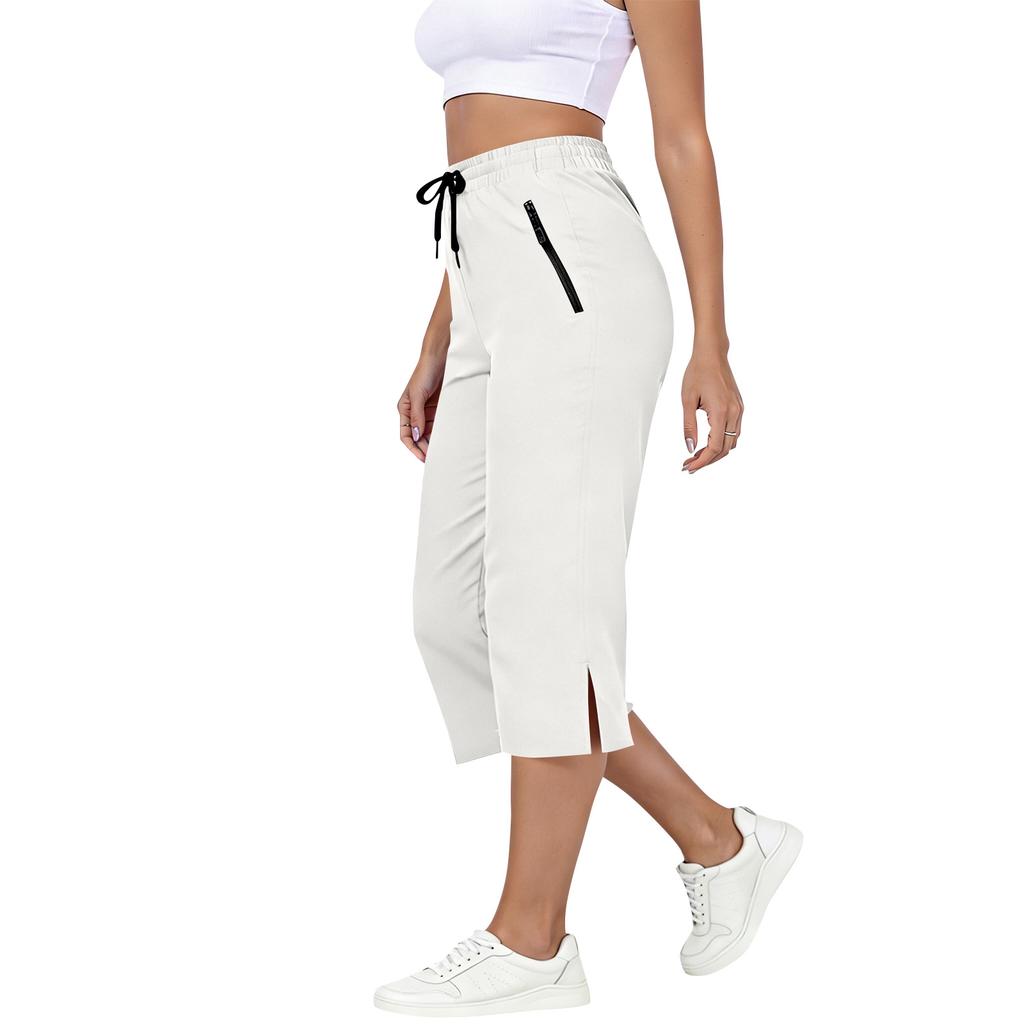 Damen Elastische Hohe Taille 3/4 Hose Lässige Passform Weite Capri-Hosen mit Taschen