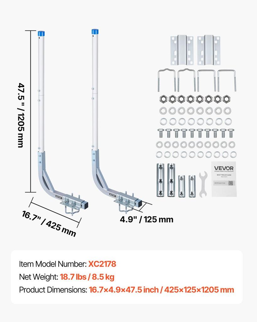 Boat Trailer Guides, 775 Mm/1205 Mm Height Guide Poles, 2PCS High-Hardness Steel Trailer Guide-Ons, Adjustable Guide Poles with PVC Pipes, for Ski
