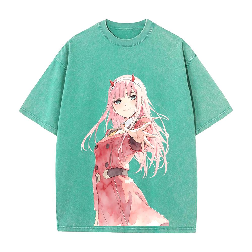 DARLING In the FRANXX Zero Two Printed Tee Men Women Vintage Washed T-shirts Oversized Cotton Streetwear Short Sleeve Clothing
