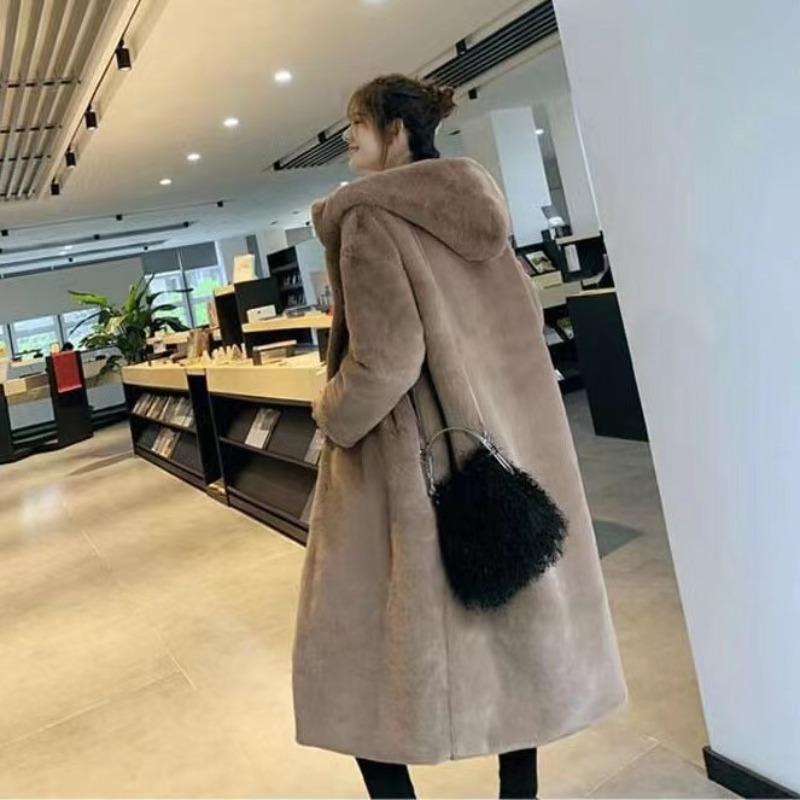 Autumn and Winter Thickened Imitation Rabbit Fur Long Hooded Loose Knee Jacket Women's Plush Coat Imitation Fur
