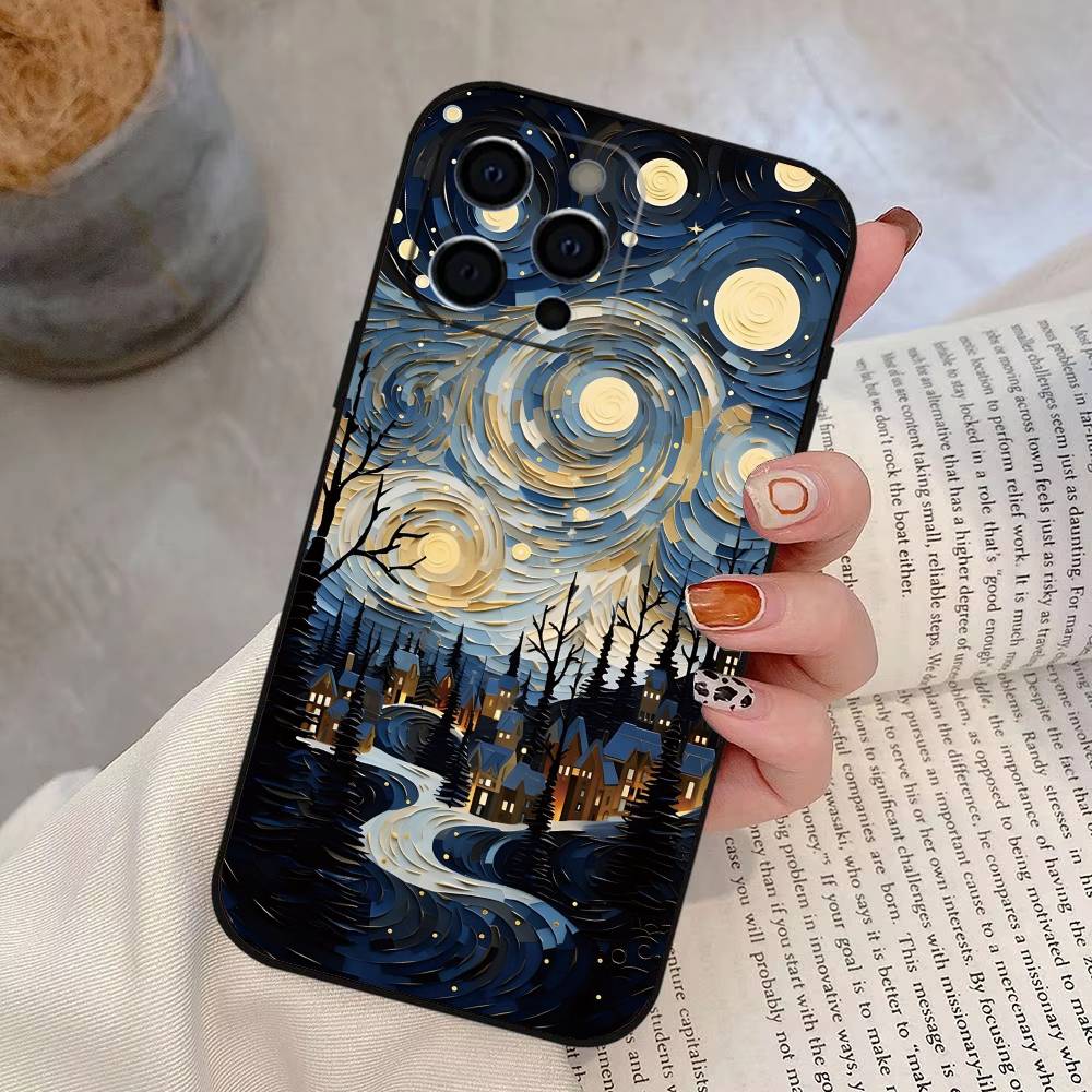 Van Gogh Starry Sky Phone Case For iPhone 17,16,15,14,13,12,11 Plus,Pro Max,XS,Soft Silicone Black Cover