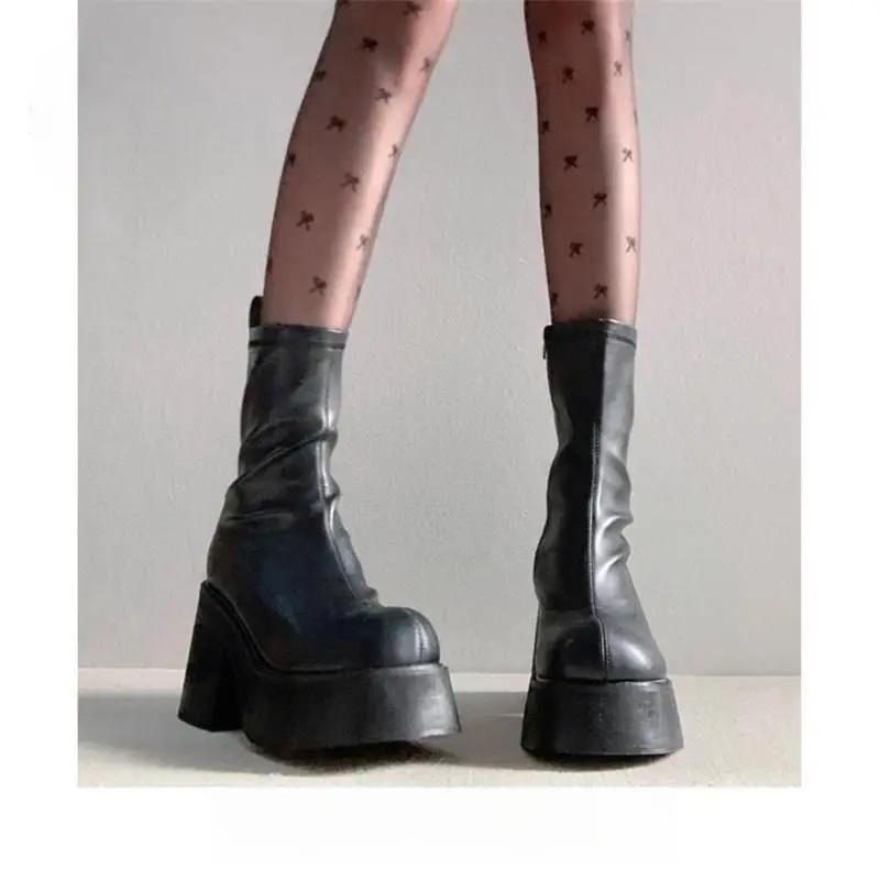 Women'S Spring Autumn New Side Zipper High Heel Boot Platform Mid-Calf Boots Fem Faionable