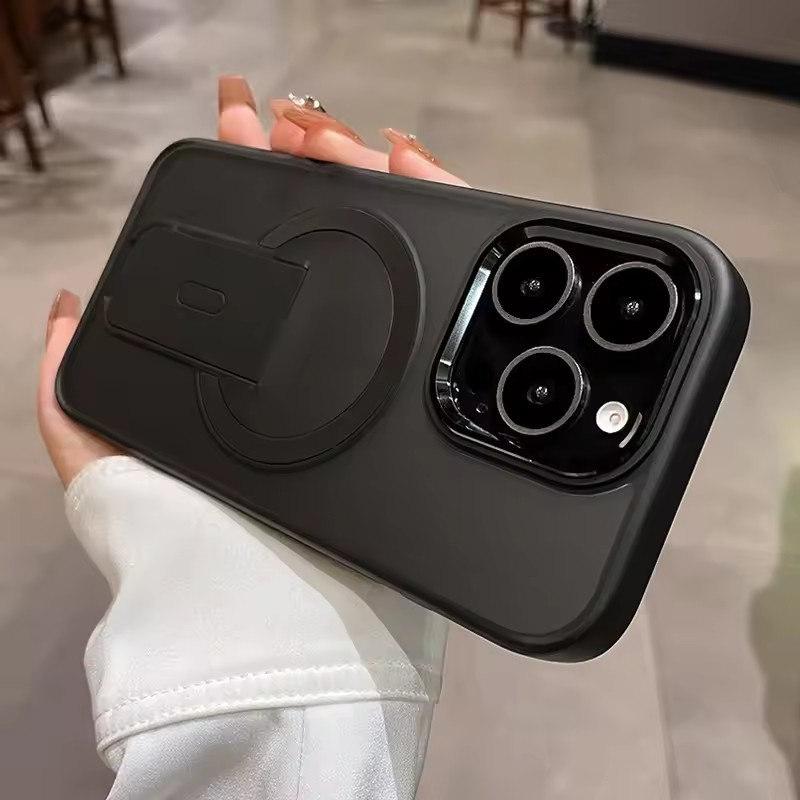 

Роскошный чехол-подставка Magsafe Kickstand для iPhone 11 12 13 14 15 16 Pro Max Plus, магнитный матовый противоударный бампер iPhone 16 Pro Max чёрный