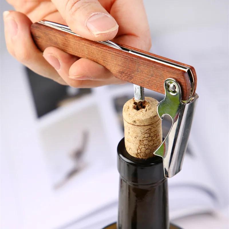 Stainless Steel Red Wine Opener Wooden Handle With Leather Professional Multifunction Portable Screw Corkscrew Kitchen Bar Tools