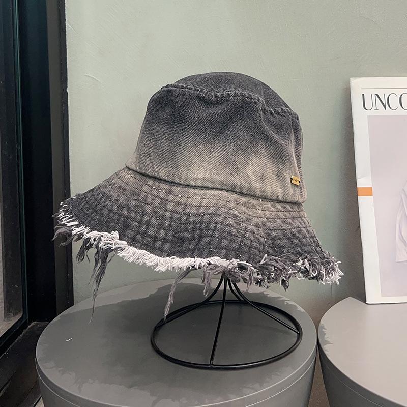 New Japanese-style gradient frayed edge washed denim fisherman hat, summer sun protection hat for women, bucket hat Adjustable(55-58cm)
