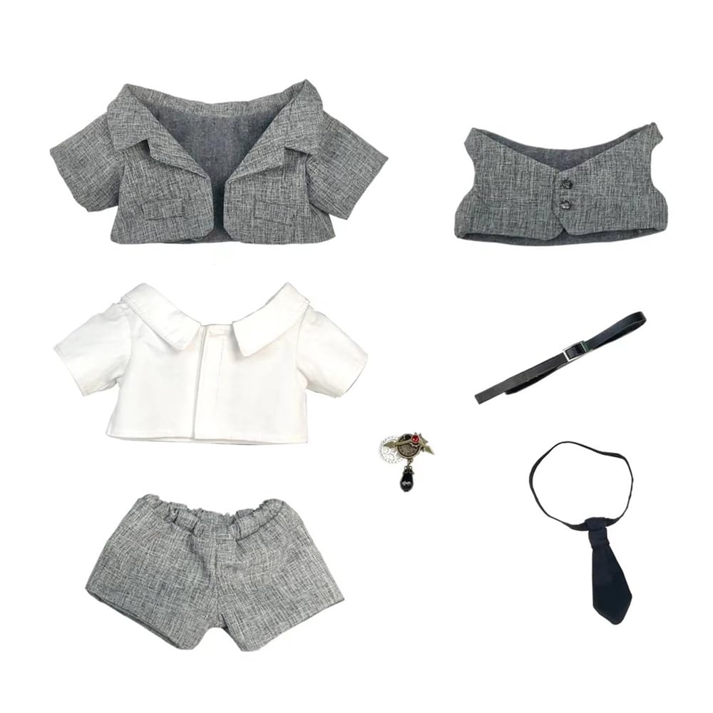 20cm Plush Clothes: Suit, Jacket, White Shirt, Shorts, Vest, Tie, Belt, Accessories, Dress-Up Cotton Doll Clothes (Grey)