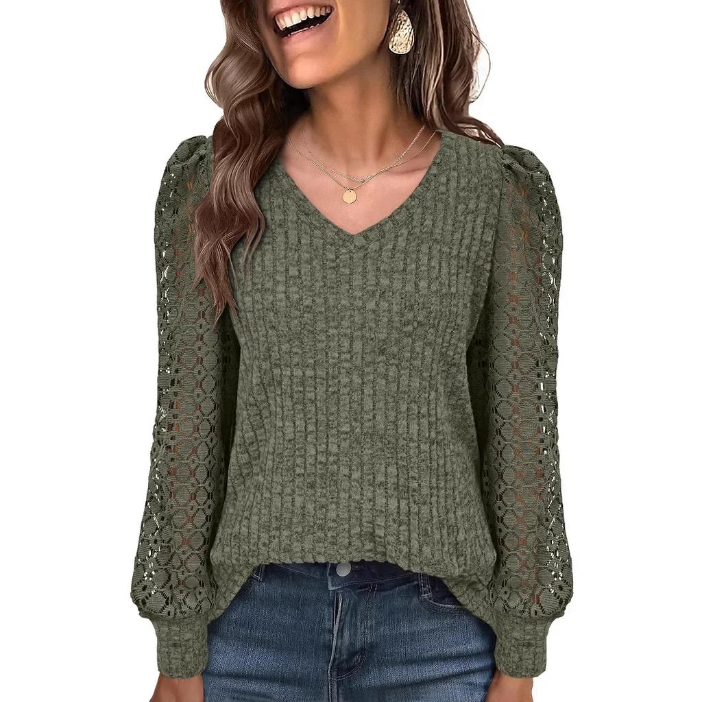 Women's Casual V-Neck Lace Long Sleeve Base Shirt Color Block Design Pure Color Tops Spring Autumn T-Shirt