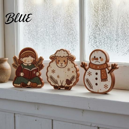 Vintage Christmas Home Accents Wooden Tree Ornaments, Colorful Desktop Decoration, Rustic Holiday Wood Figurines Reindeer for with Pine Cones Bows And