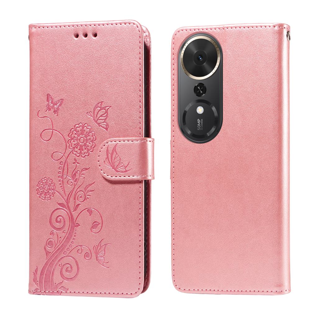 For Honor Play 70 Plus 5G Leather Case Butterfly Floral Imprint Wallet Stand Cover