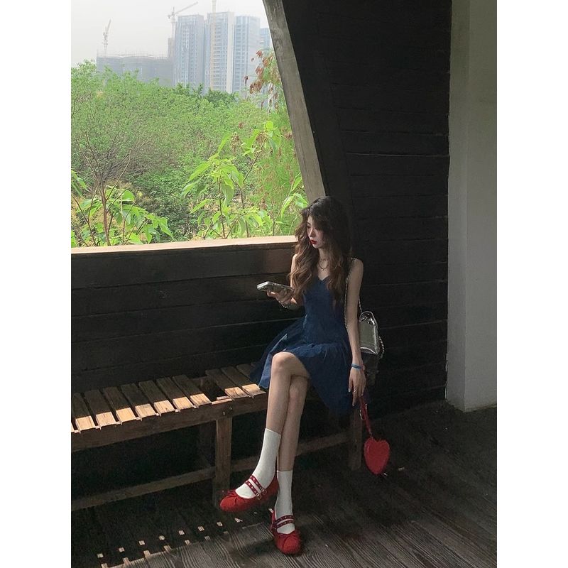 Kumikumi Elegant All-Match V-neck Denim Sling One Piece Dress Women Clothing Summer High Sense Waist Hugging Slimming Short Dress