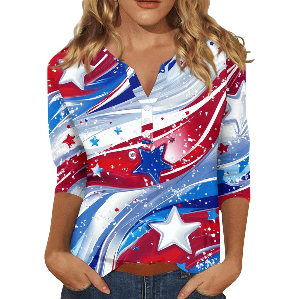 Womens Spring Tops V Neck Printed 3/4 Sleeve Summer Shirts for Women Casual Loose Womens Summer Shirts Dressy Tops for Women