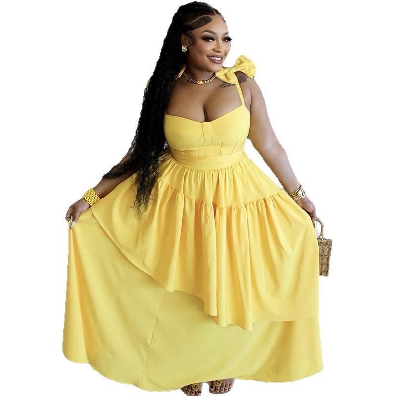 In stock, European and American women's clothing spring and summer new bow suspender V-neck ruffle edge long dress dress