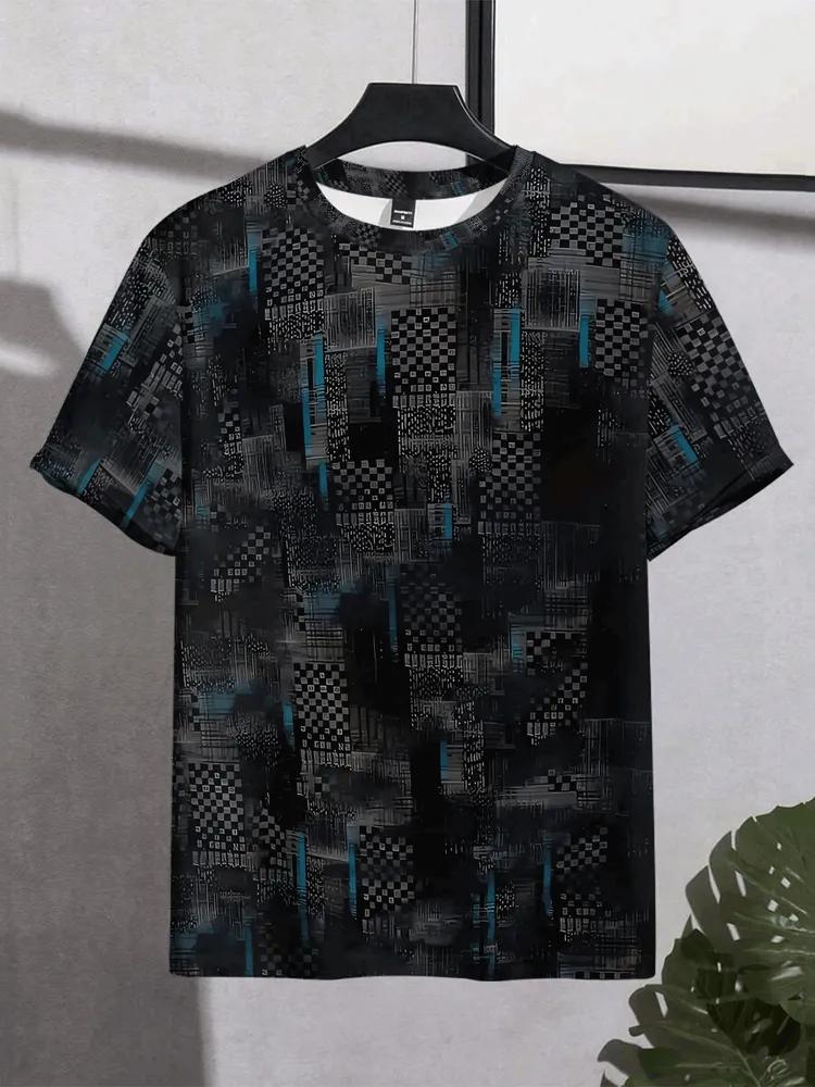 Men's All-Over Abstract Pixel Art T-Shirt, Dark Grunge Checkerboard and Line Pattern, Breathable Short Sleeve Crew Neck Tee for Men