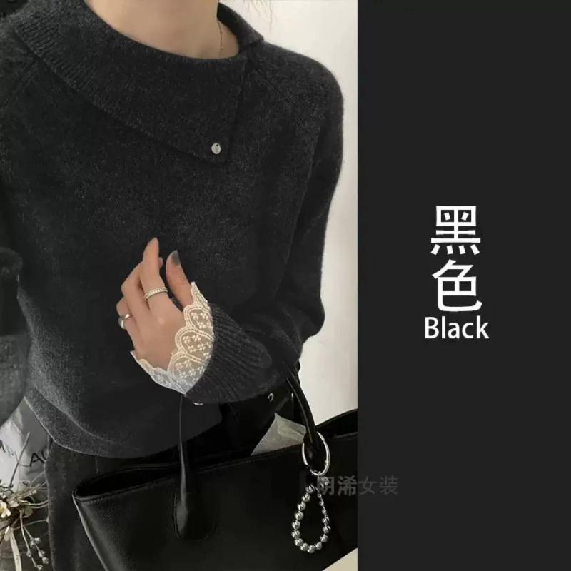 Premium sense shoulder sleeve mouth with lace soft waxy can be worn outside lapel long sleeve wool knitted sweater women's pullover sweater top