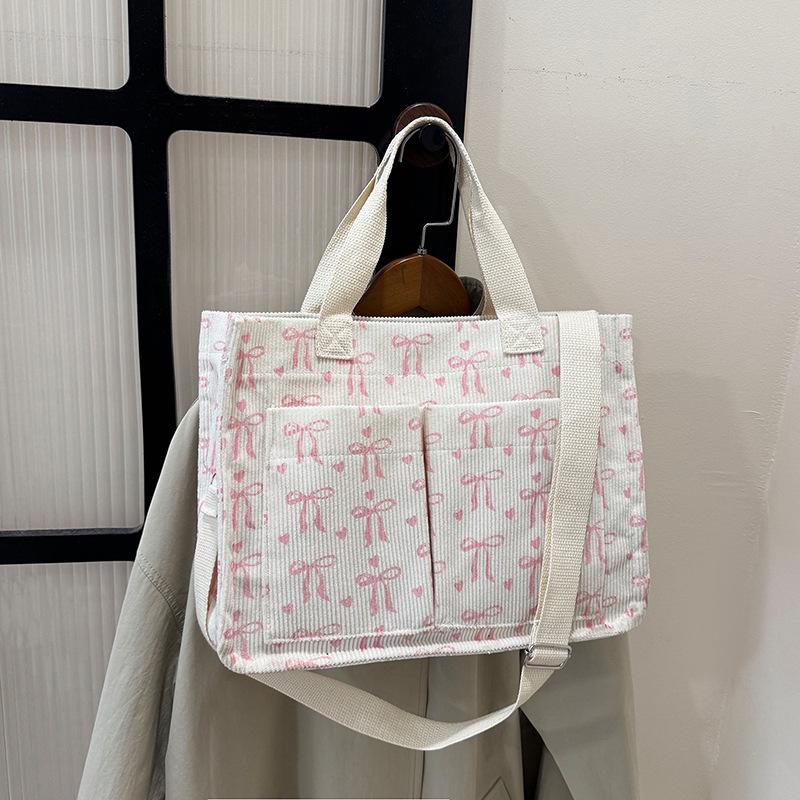 Corduroy Strawberry Print Tote Bag Women Large Capacity Shoulder Bag With Multiple Pocket Adjustable Strap Commut Casual Handbag