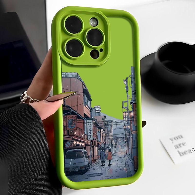 Rainy Night Streetscape Pattern Shockproof Case For iPhone 16 15 Plus 14 Pro Max 13 12 11 XS XR 8 Lens Protection TPU Soft Matte Silicone Phone Cover