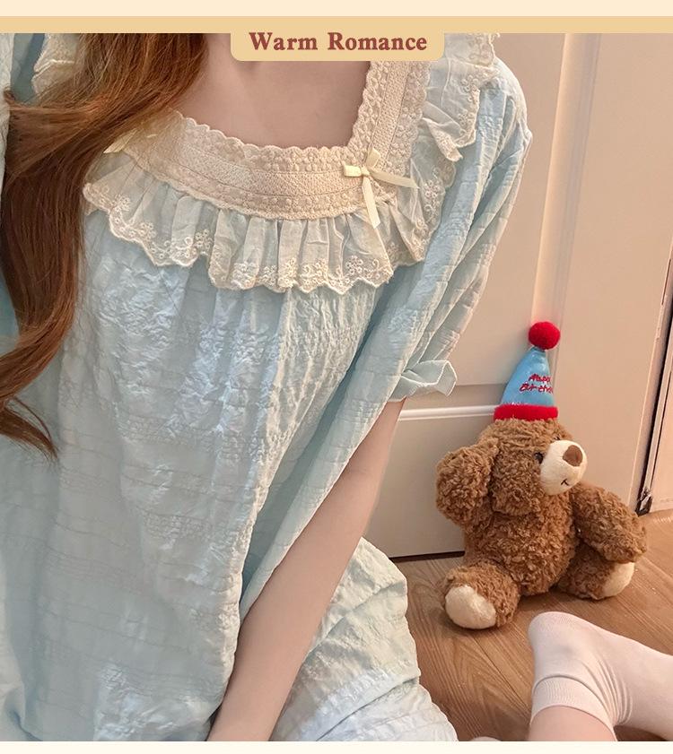 2026 Summer Women's Cotton Pajama Set with Built-in Bra, Lace Trim & Short Sleeves