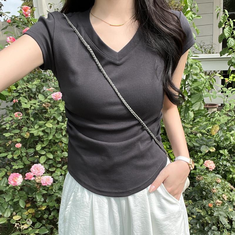 Plain Cotton Short Sleeve T Shirt With Pleated Detail For Casual Wear