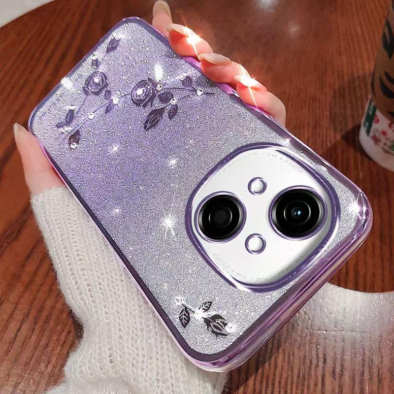 Pouzdro na telefon pro Tecno Spark Go 1 Flashově růžové Květinové Průhledné Ochrana proti nárazům Luxusní Diamantový Třpytivý Ochranný Kryt