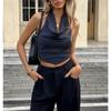 Damen Sommer Halter Neck Schalkragen Streifen Ärmellos Schlank Geschnitten Cropped Lässiges Tanktop