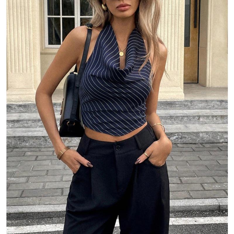 Damen Sommer Halter Neck Schalkragen Streifen Ärmellos Schlank Geschnitten Cropped Lässiges Tanktop