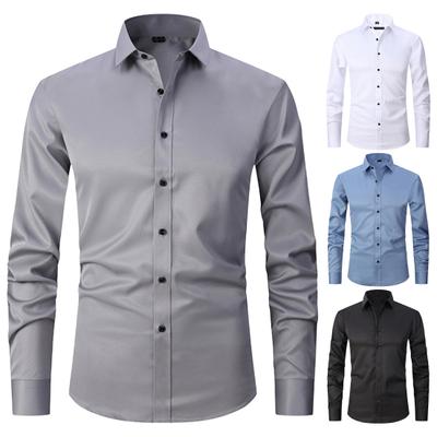 Men Spring Fall Dress Shirt Turn-down Collar Slim Fit Single-breasted Long Sleeves Pure