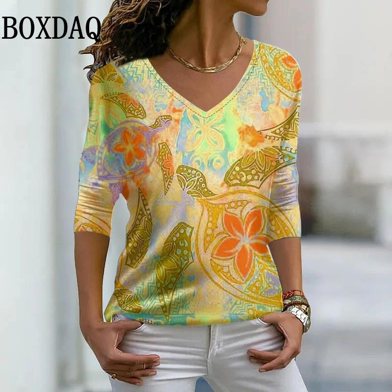 New Spring Women V-Neck Top Fashion Design Painting Printed Oversized T Shirt Daily Street Long-Sleeve Casual Tee Clothes