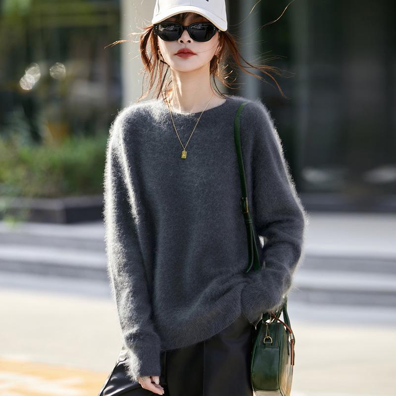 Women's Brushed Wool Round Neck Sweater - Autumn/Winter Cozy Cashmere Base Layer, Loose Fit, Lazy Style