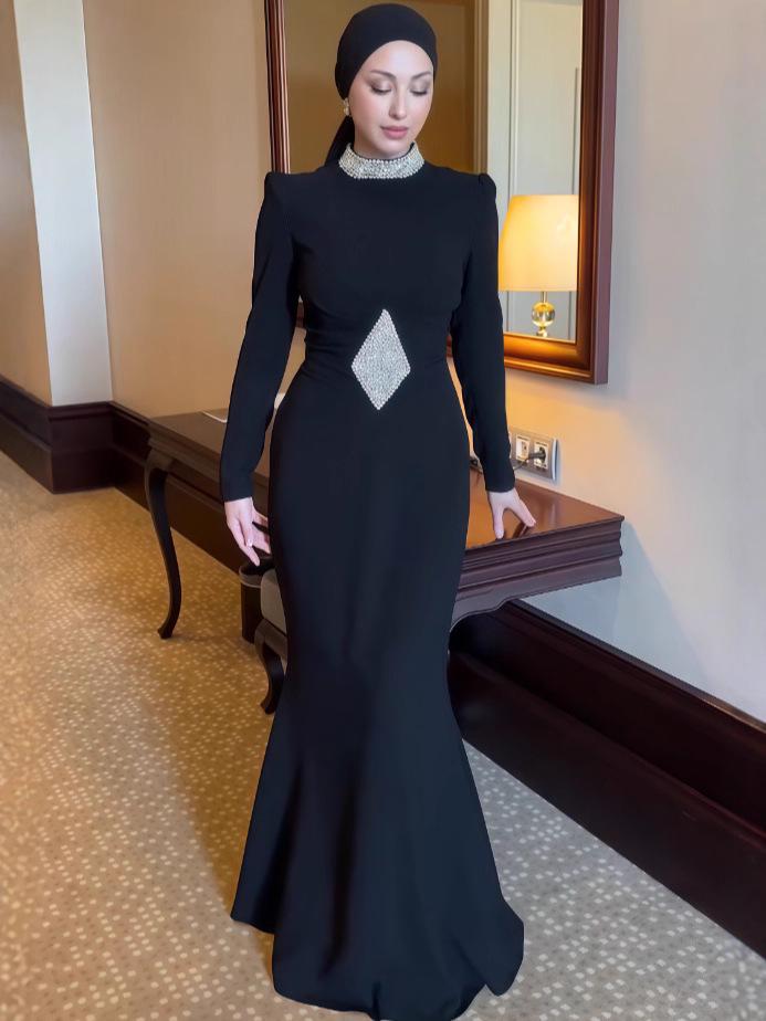 2025 Autumn High Neck Waist-Gathering Printed Evening Dress