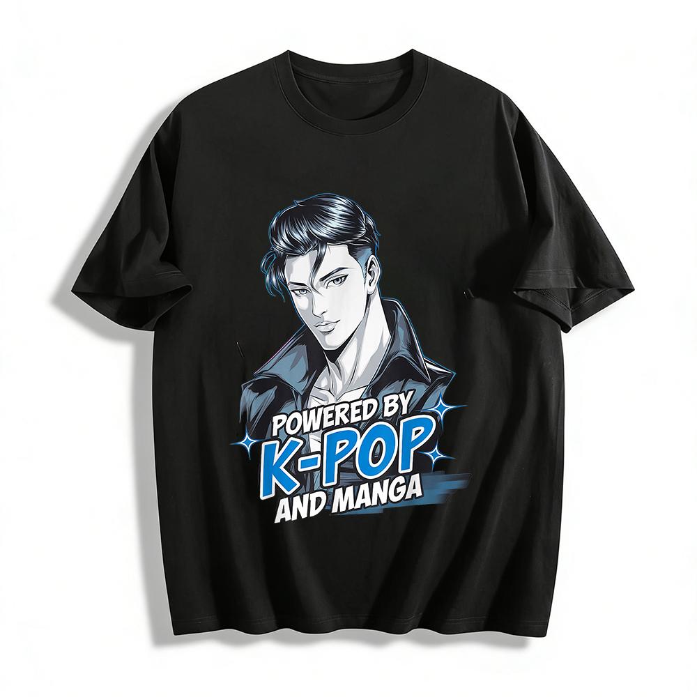 

Powered By K-Pop And Manga Graphic Tee Cool Anime Style Top For Kpop Fans Casual Streetwear Pure cotton T-shirt XXS