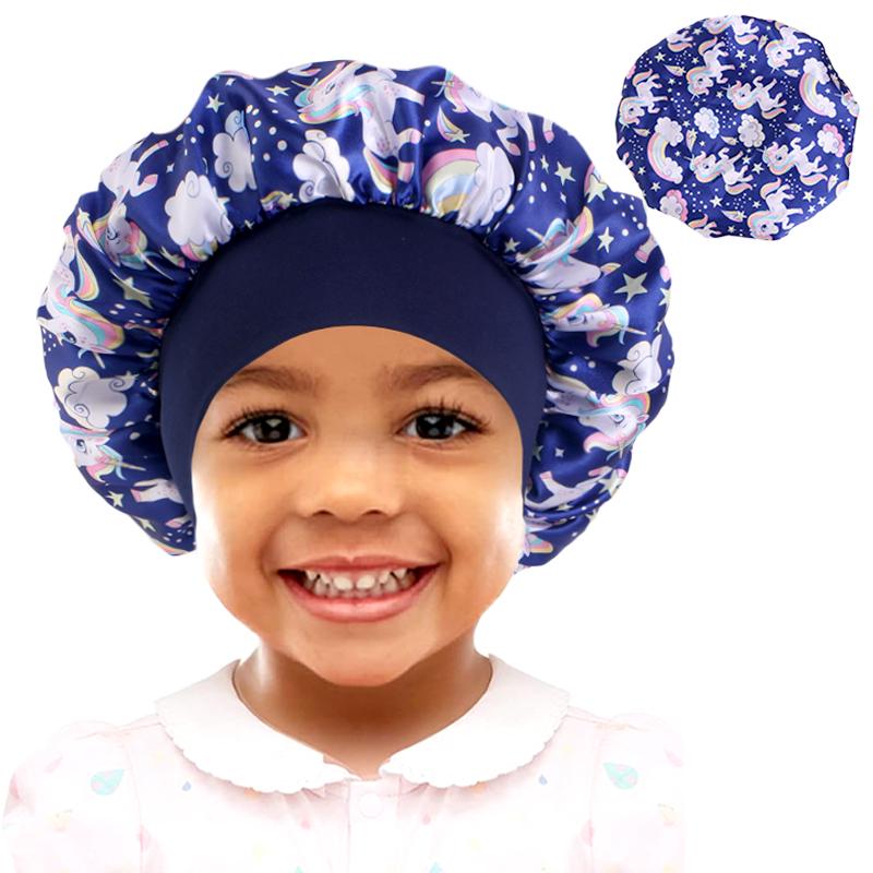 Neues Baby Einhorn Cartoon Druck Satin Nachtschlafmütze Elastisches Breites Band Bonnet Haarabdeckung Mütze Beanie Salon Bad Spa Duschhauben
