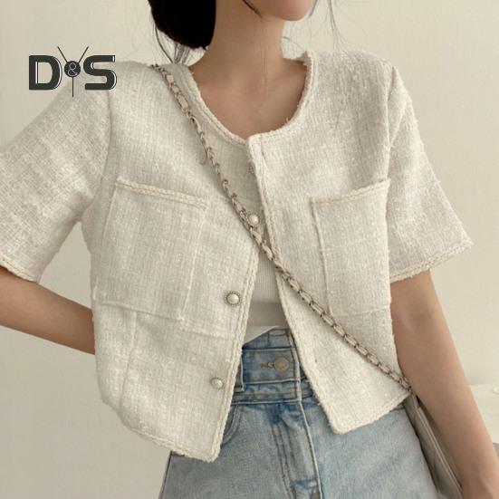 Women Coat Blazer French Style Elegant Short Sleeve Short Type Single Breasted Color Matching Spring Fall Jacket