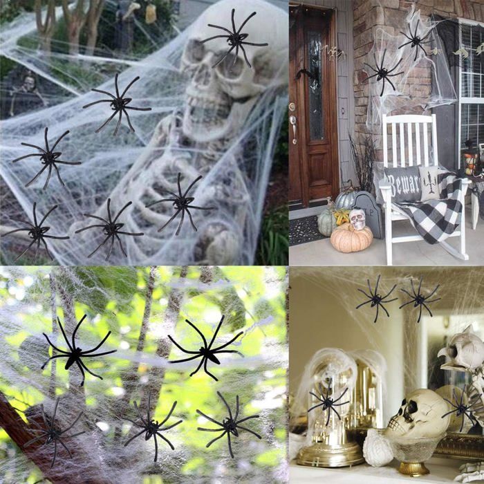 Décoration Halloween - Toile d'Araignée Extensible 60g - 30 Fausses Araignées